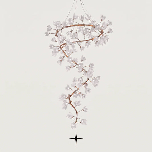 Full view of the Grand Sakura spiral crystal flower chandelier with hand-forged metal branches on a grey background with lights off