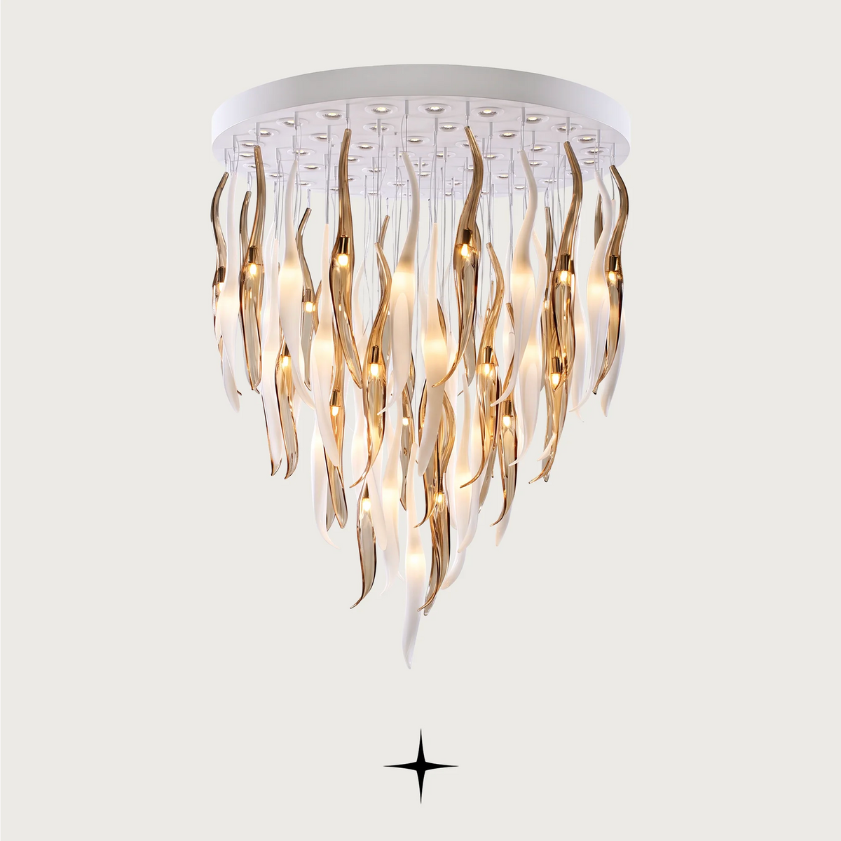 Grand Shine Chandelier featuring dripping golden crystals and mesmerizing light reflections.

