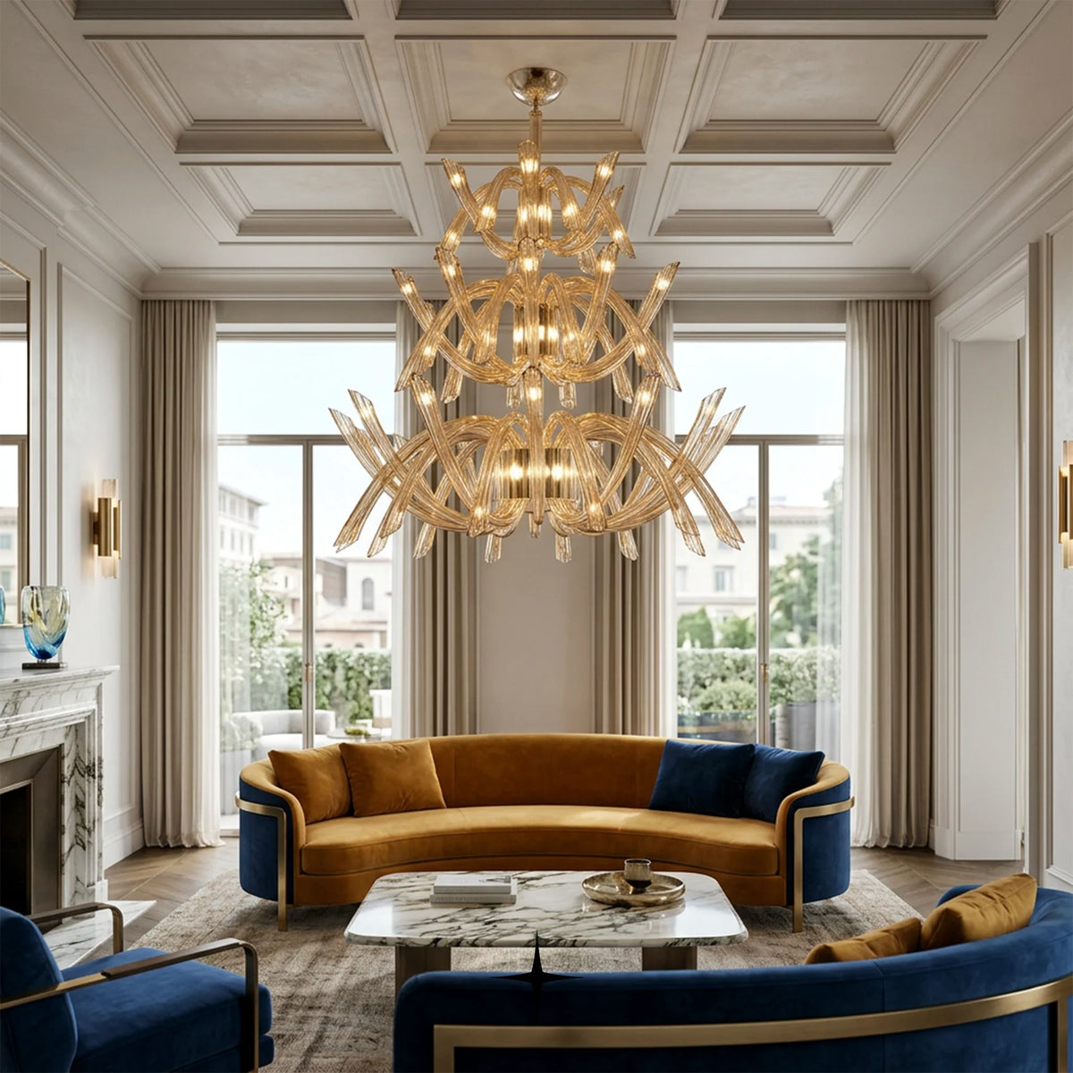 Grand Sierra Chandelier featuring post-modern golden crystal design in a grand multi-tier silhouette
