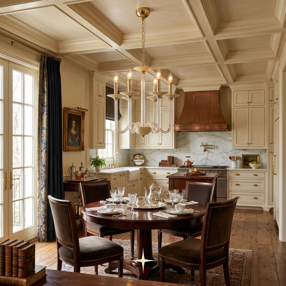 Harmony Chandelier featuring sweeping cream-white glass arms with candle-style lights and brass accents
