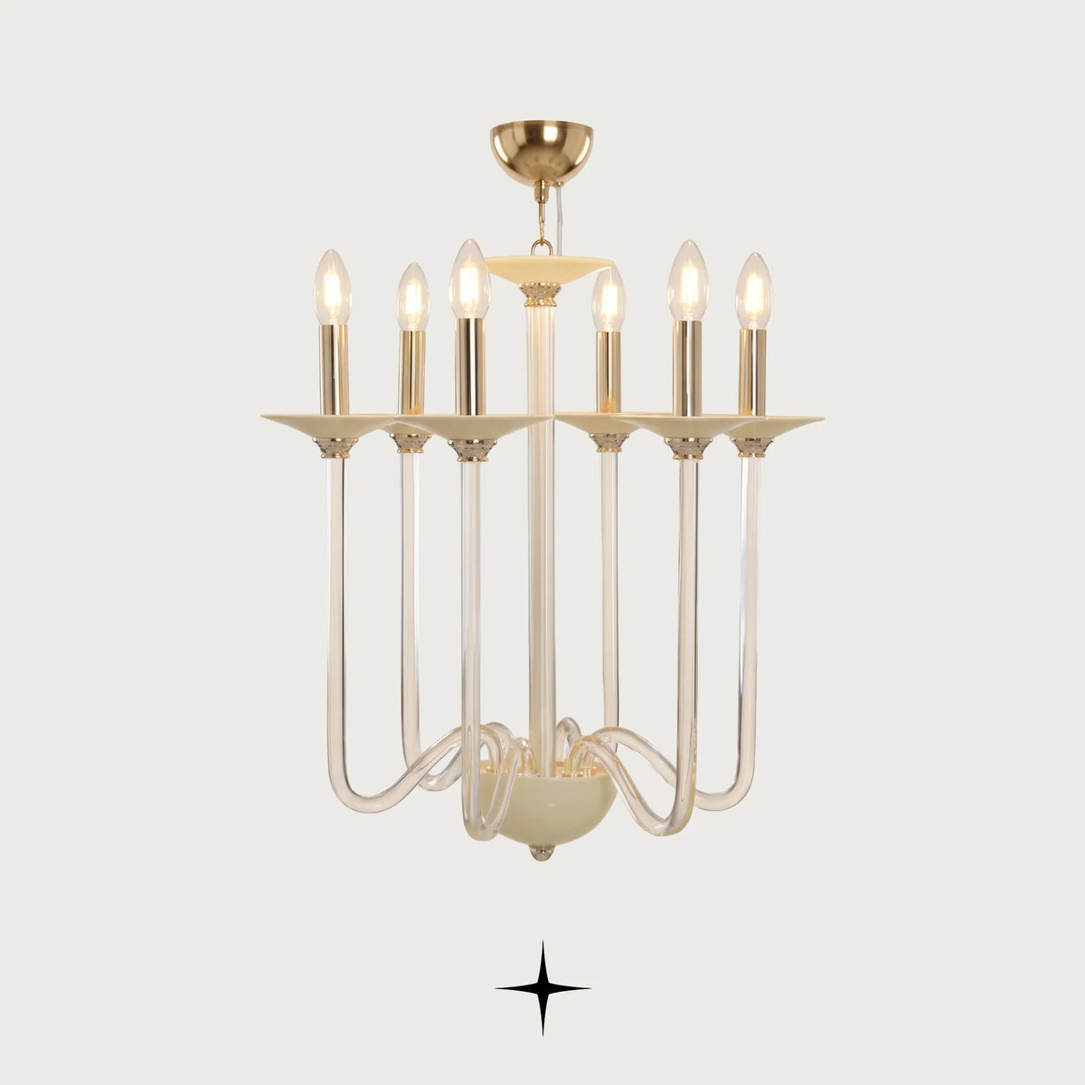Harmony Chandelier featuring sweeping cream-white glass arms with candle-style lights and brass accents
