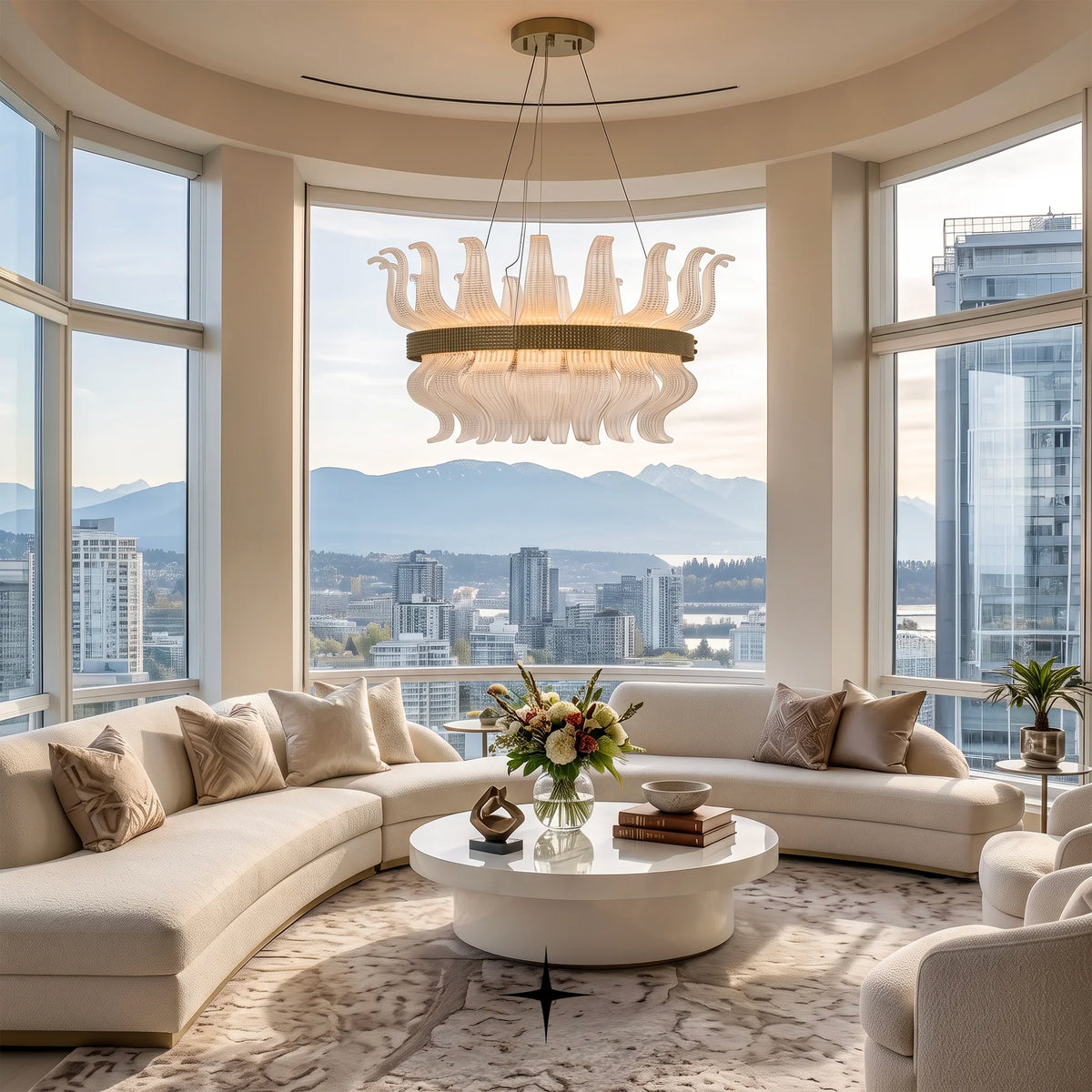Helena luxury chandelier installed in modern high-ceiling living room space
