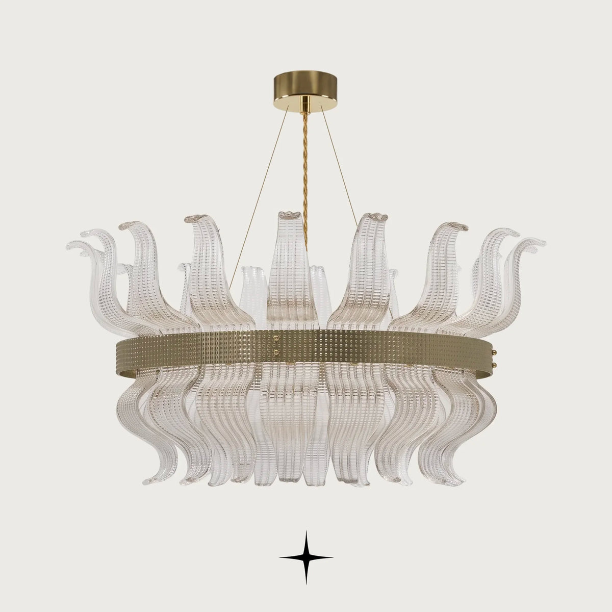 Helena Chandelier featuring Murano-style glass leaves mounted on an elegant golden brass structure inspired by radiant flames
