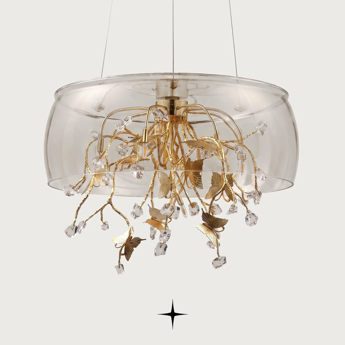  Imagina glass dome chandelier with golden branches, butterflies, and crystal accents on black background