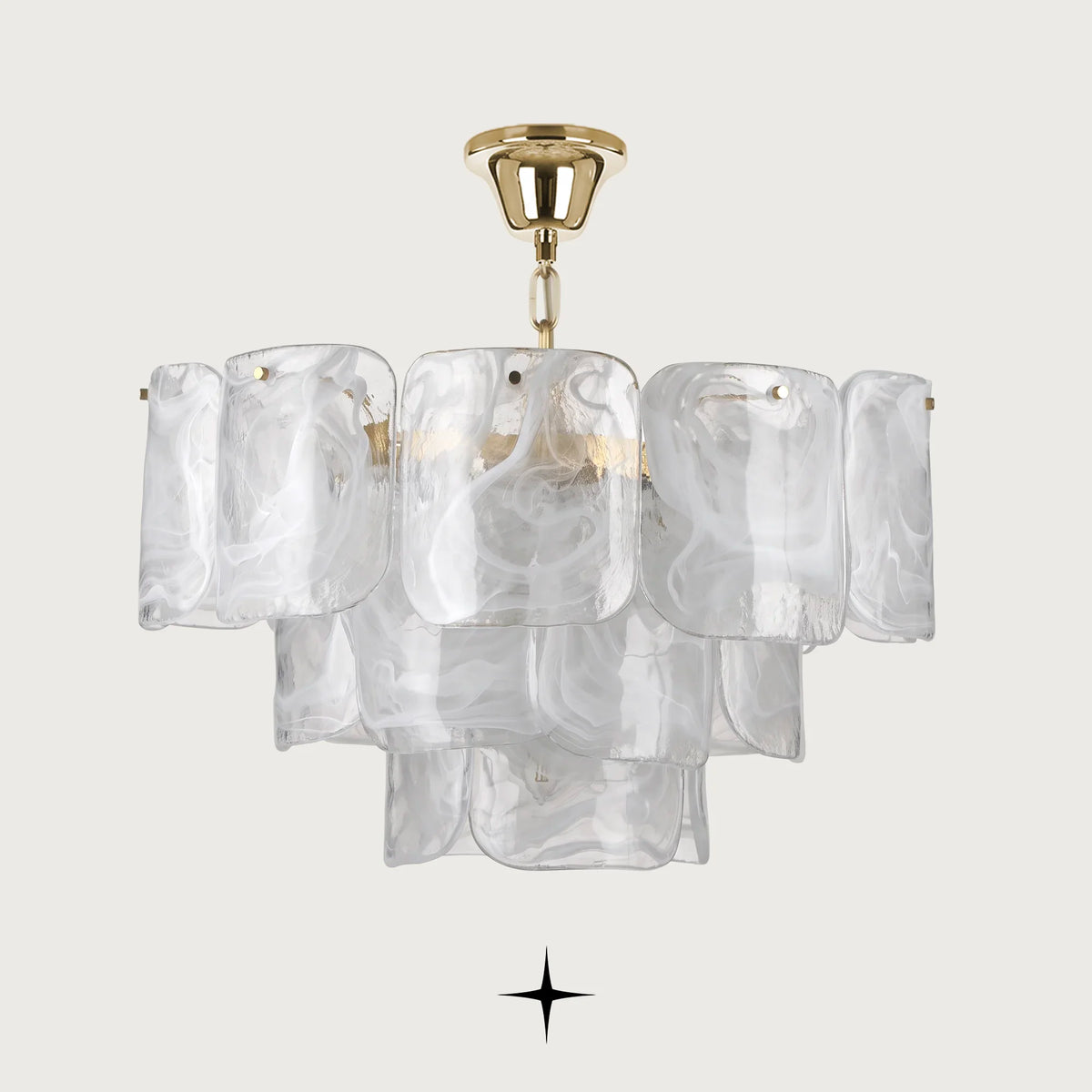 Imara Chandelier featuring layered milky flower-like crystal glass and adjustable golden chain in a luxury design
