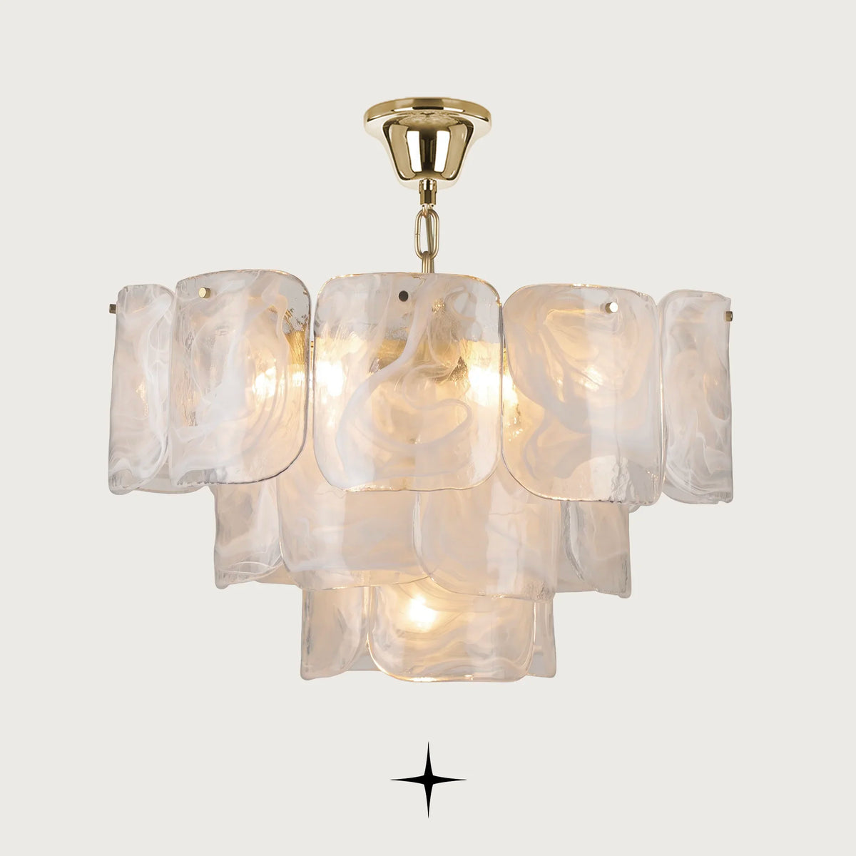 Imara Chandelier featuring layered milky flower-like crystal glass and adjustable golden chain in a luxury design
