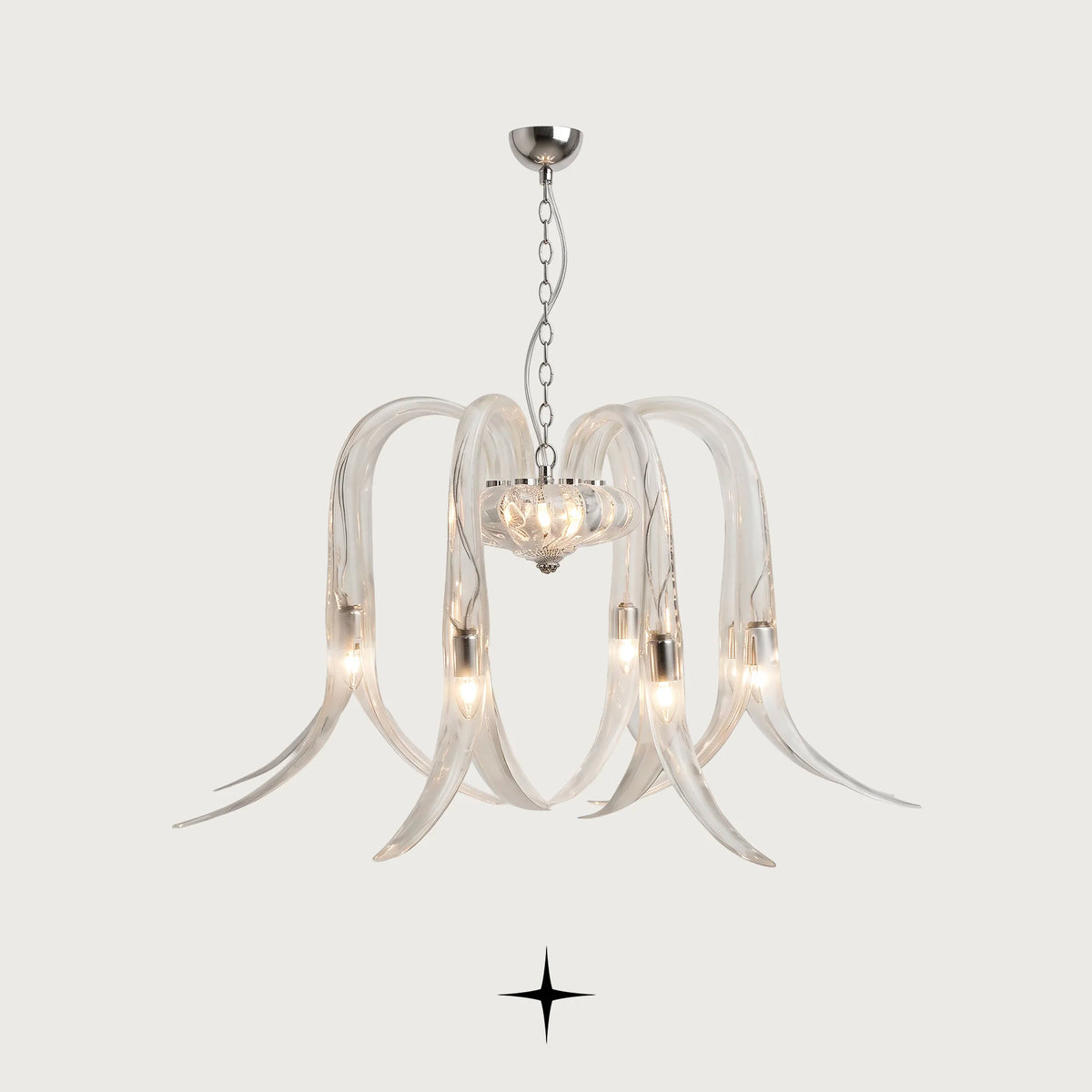 Isadora Chandelier featuring clear handcrafted crystal glass flower arms facing downward

