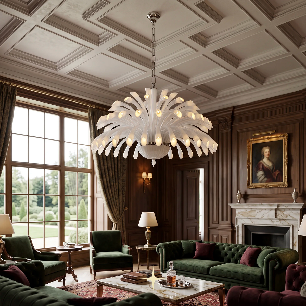 A large white chandelier with many leaf-like arms and glowing bulbs hangs in an ornate, upscale living room with wood-paneled walls, green velvet seating, a fireplace, and tall windows.
