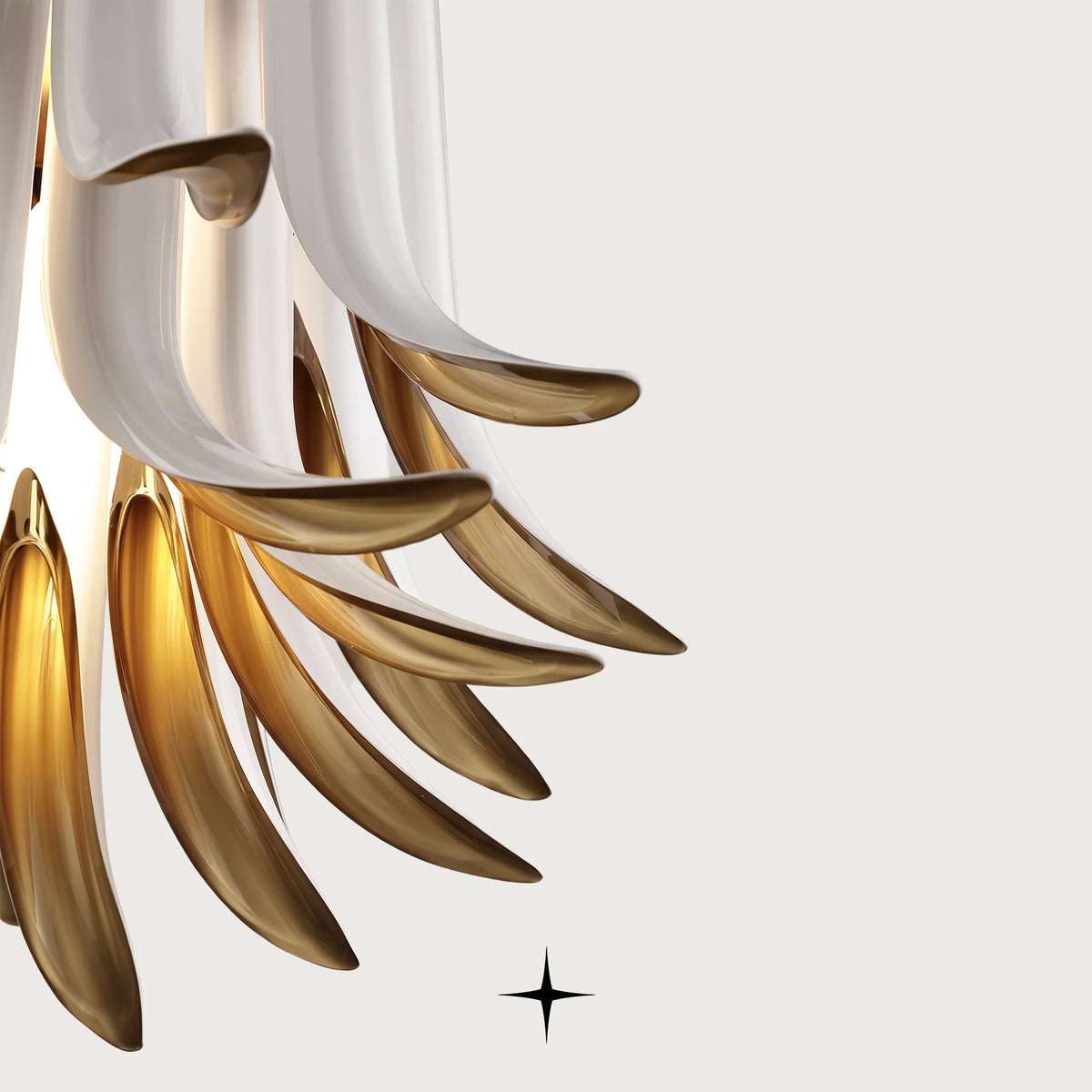 Juliette Chandelier featuring white handcrafted crystal glass wings with warm golden interior lining

