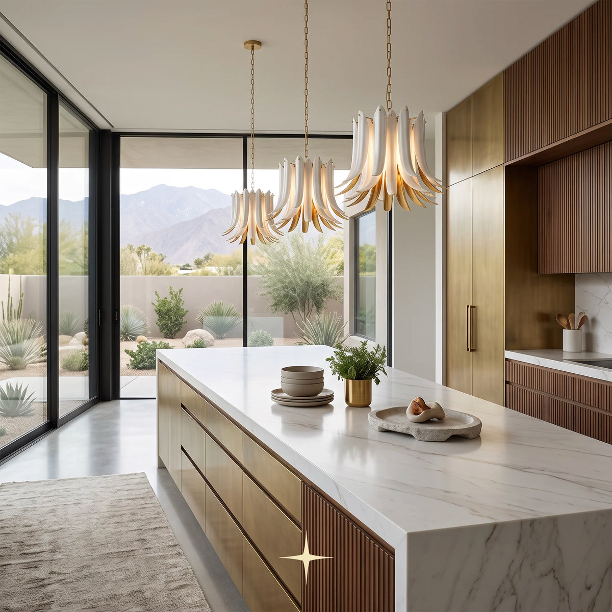 Juliette Chandelier featuring white handcrafted crystal glass wings with warm golden interior lining
