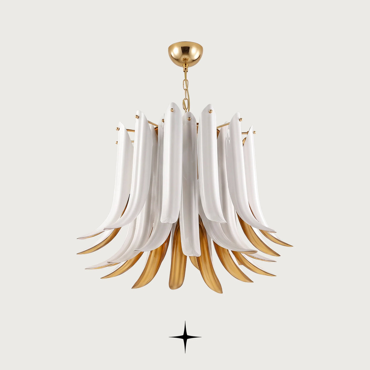 Juliette Chandelier featuring white handcrafted crystal glass wings with warm golden interior lining

