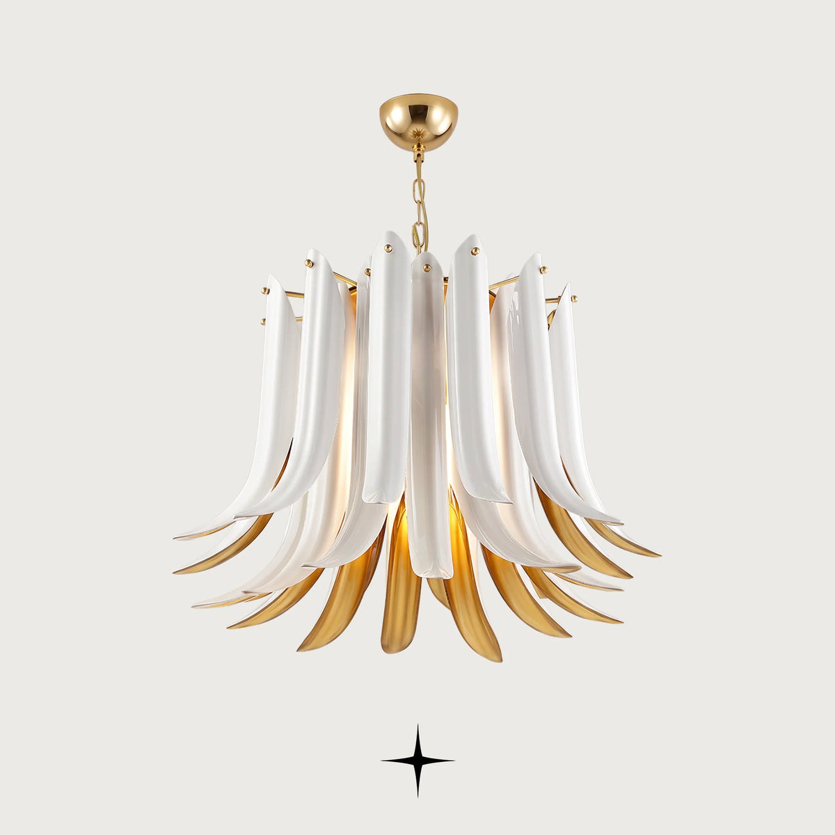 Juliette Chandelier featuring white handcrafted crystal glass wings with warm golden interior lining

