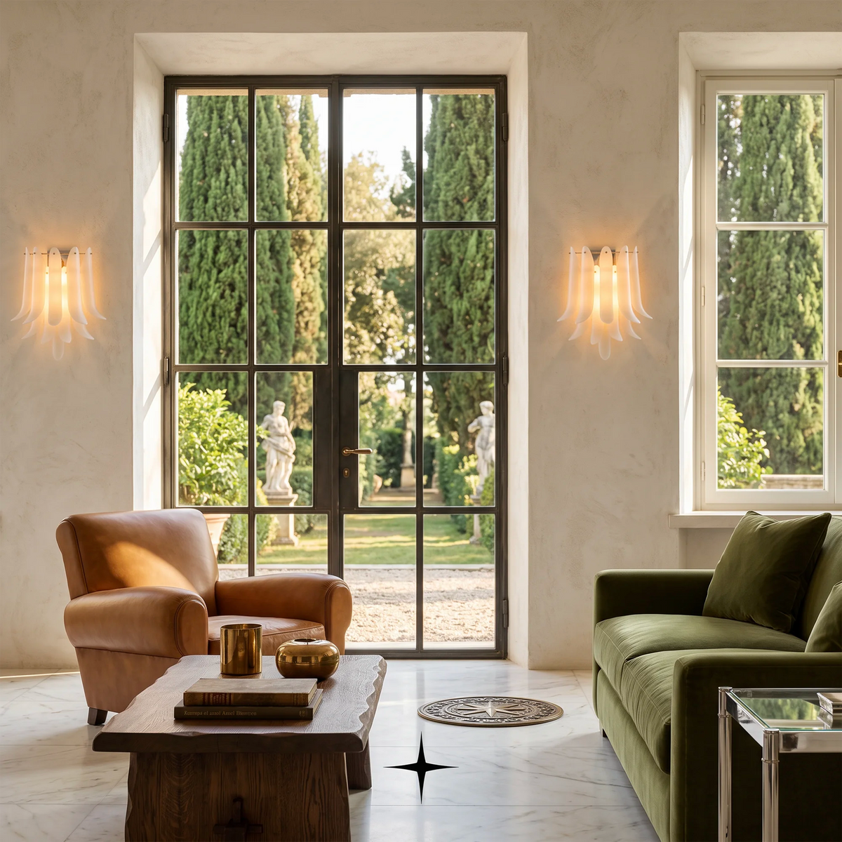 Juliette Wall light fixture featuring handcrafted crystal wings with pure white exteriors and golden interiors.
