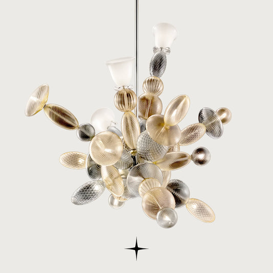 Lambada modern Murano-style multi-technique glass chandelier on light grey background
