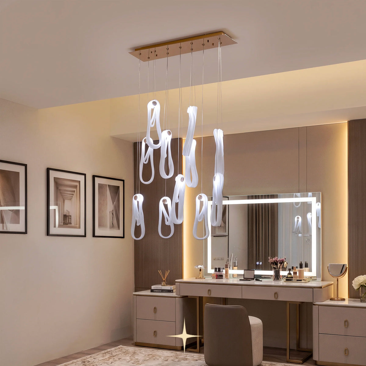 Lavadora twisted glass chandelier suspended in a modern luxury bedroom setting