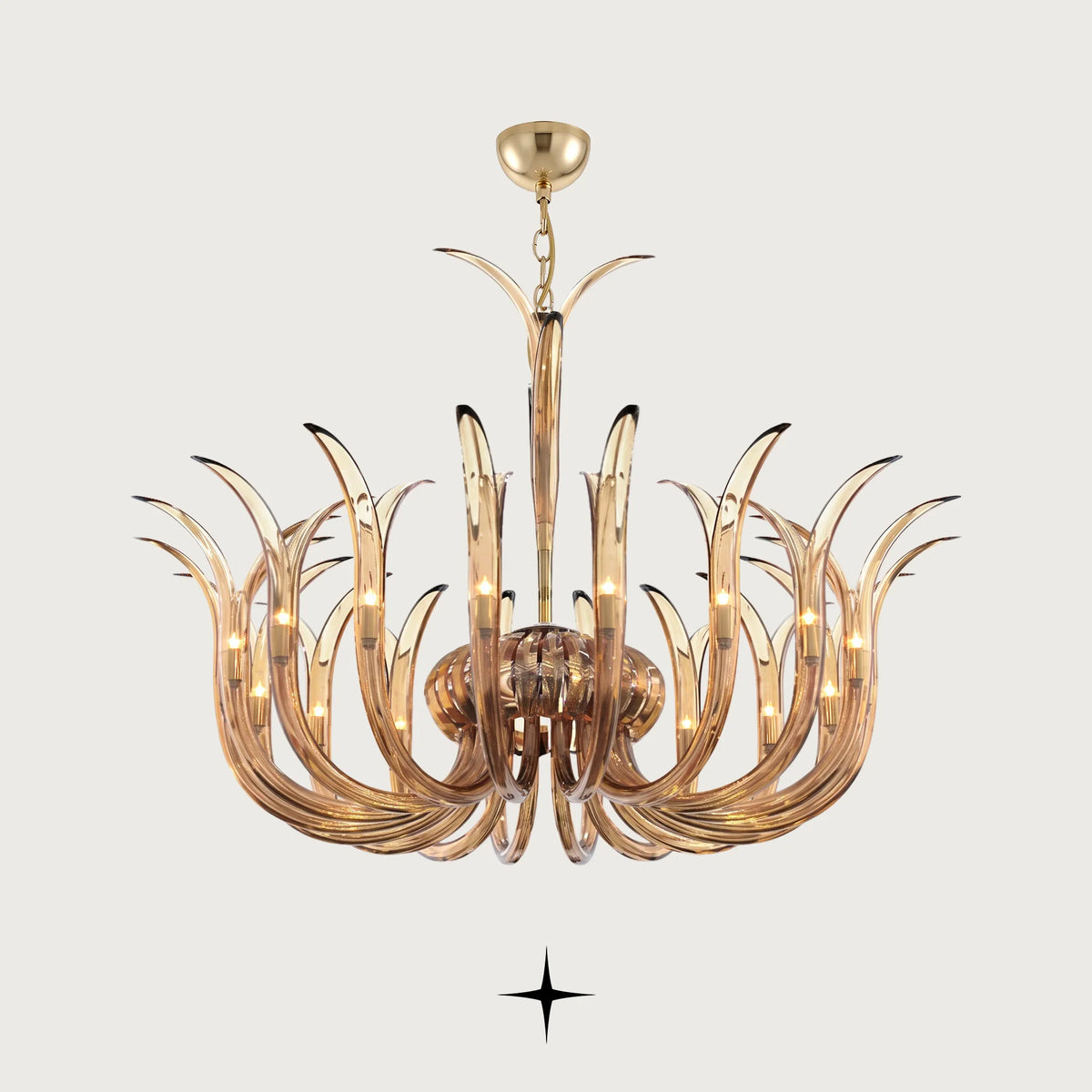 Lavish Celine Chandelier featuring golden-amber handcrafted crystal glass arms blooming gracefully upwards
