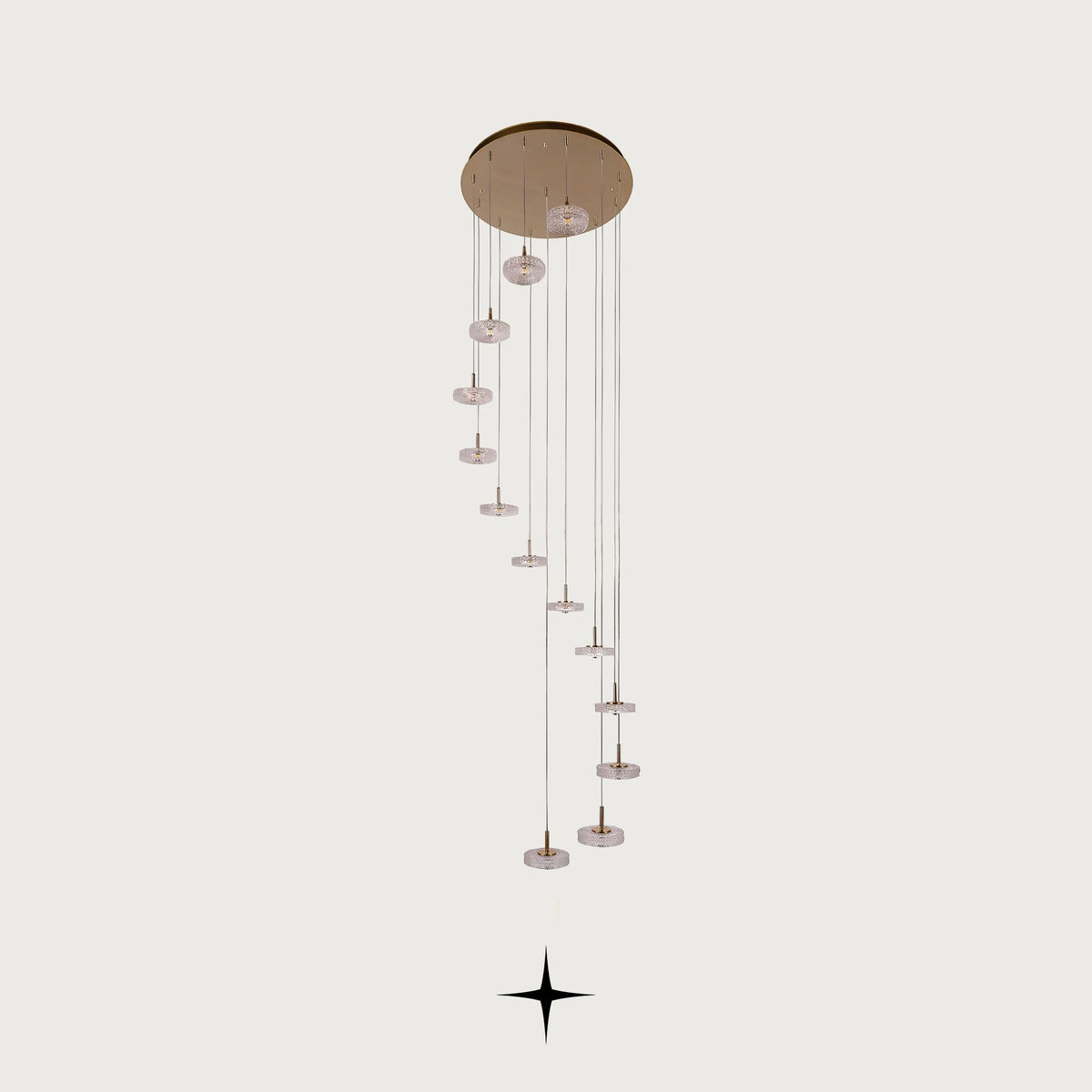 tall Charlotte cascading multi light chandelier with Murano glass discs and golden nickel structure