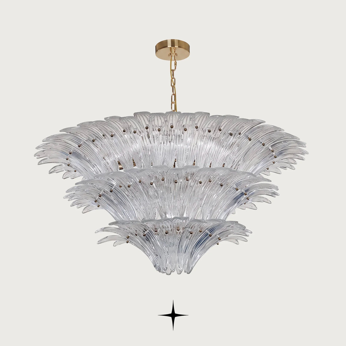 Lavish Crown multi-tier chandelier with clear leaf-shaped Murano style glass and gold canopy
