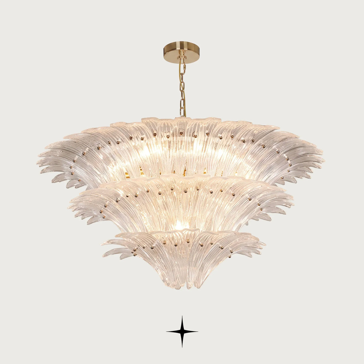 Lavish Crown multi-tier chandelier with clear leaf-shaped Murano style glass and gold canopy
