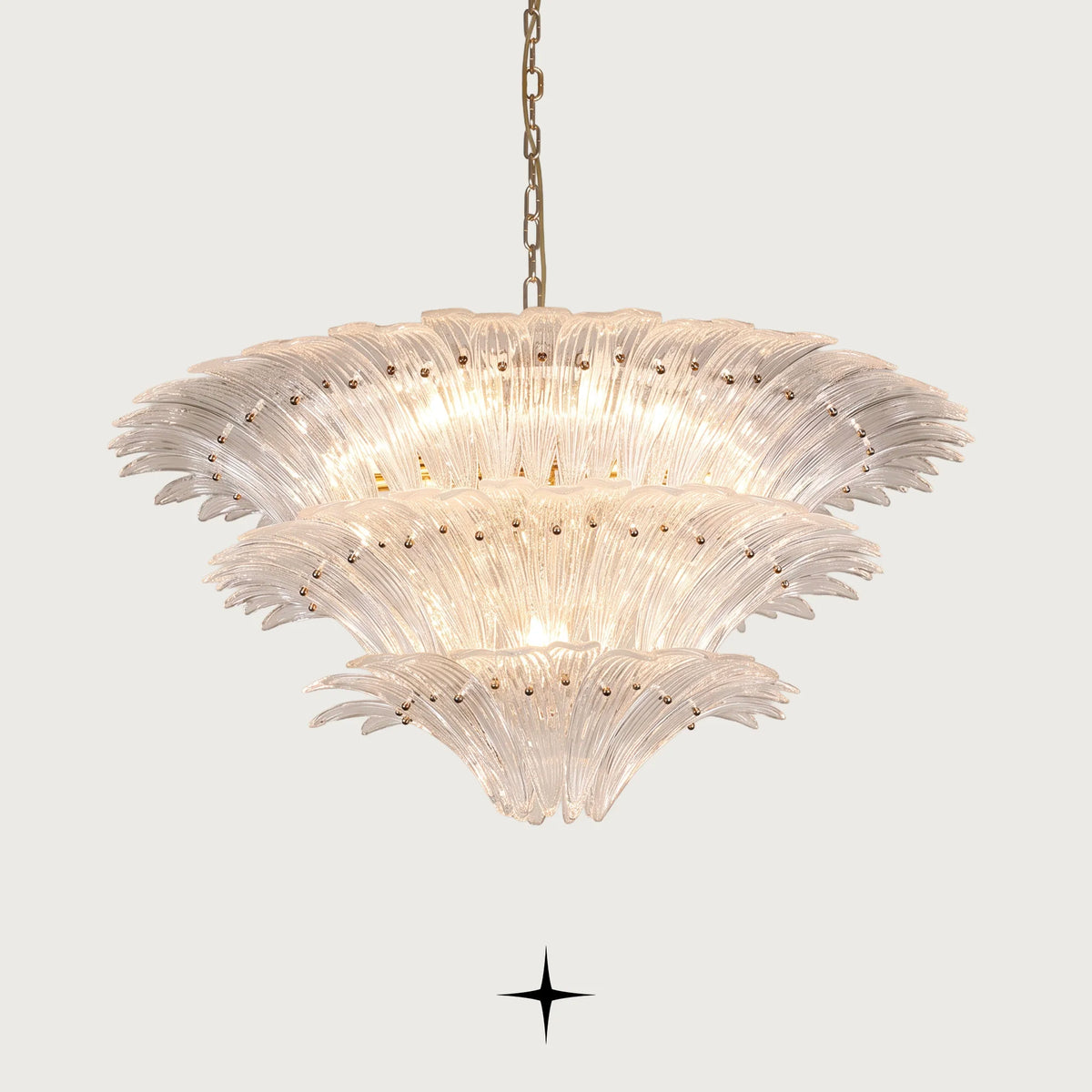 Lavish Crown multi-tier chandelier with clear leaf-shaped Murano style glass and gold canopy
