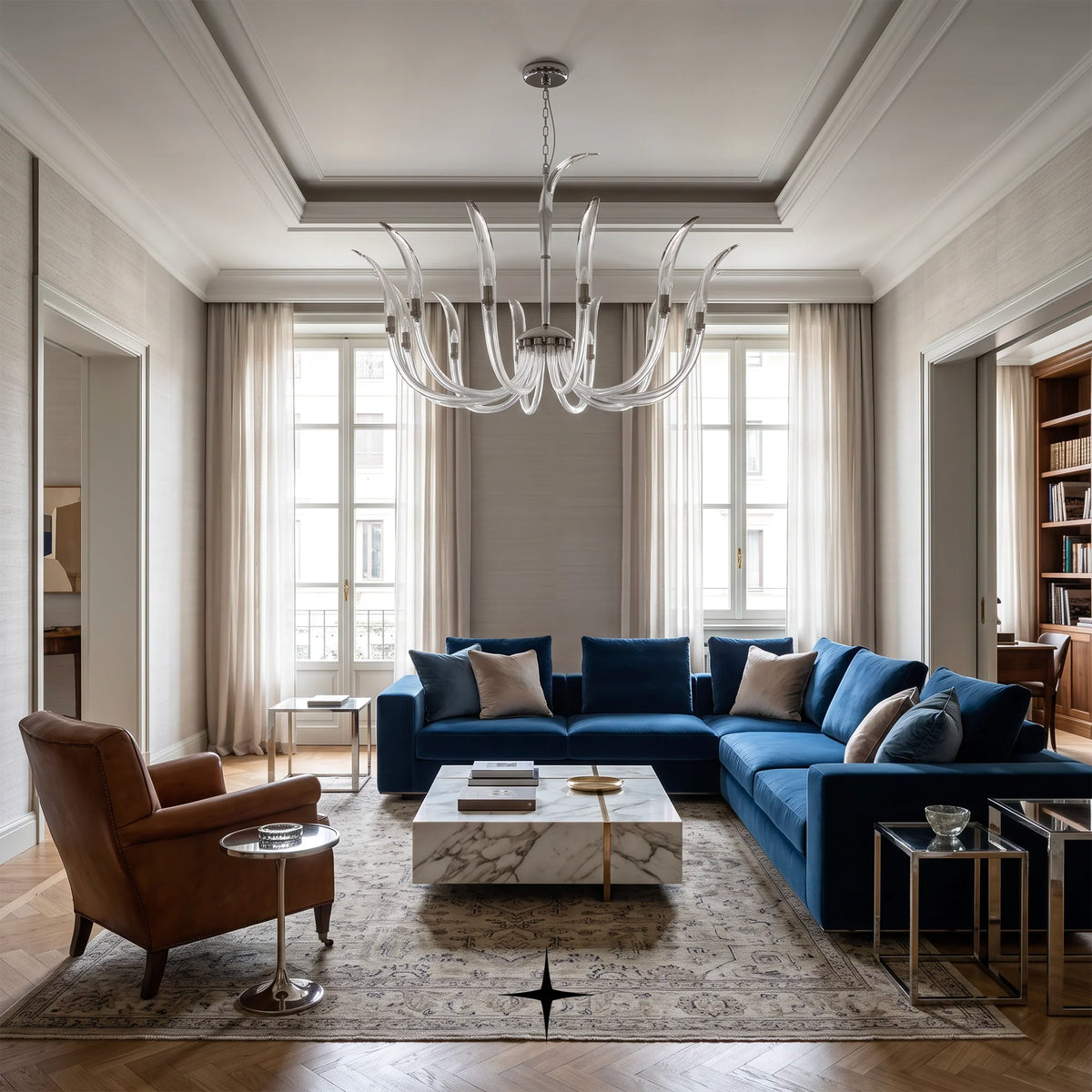 Lavish Dazzle Chandelier featuring elegant flame-shaped clear glass arms and fine crystal craftsmanship

