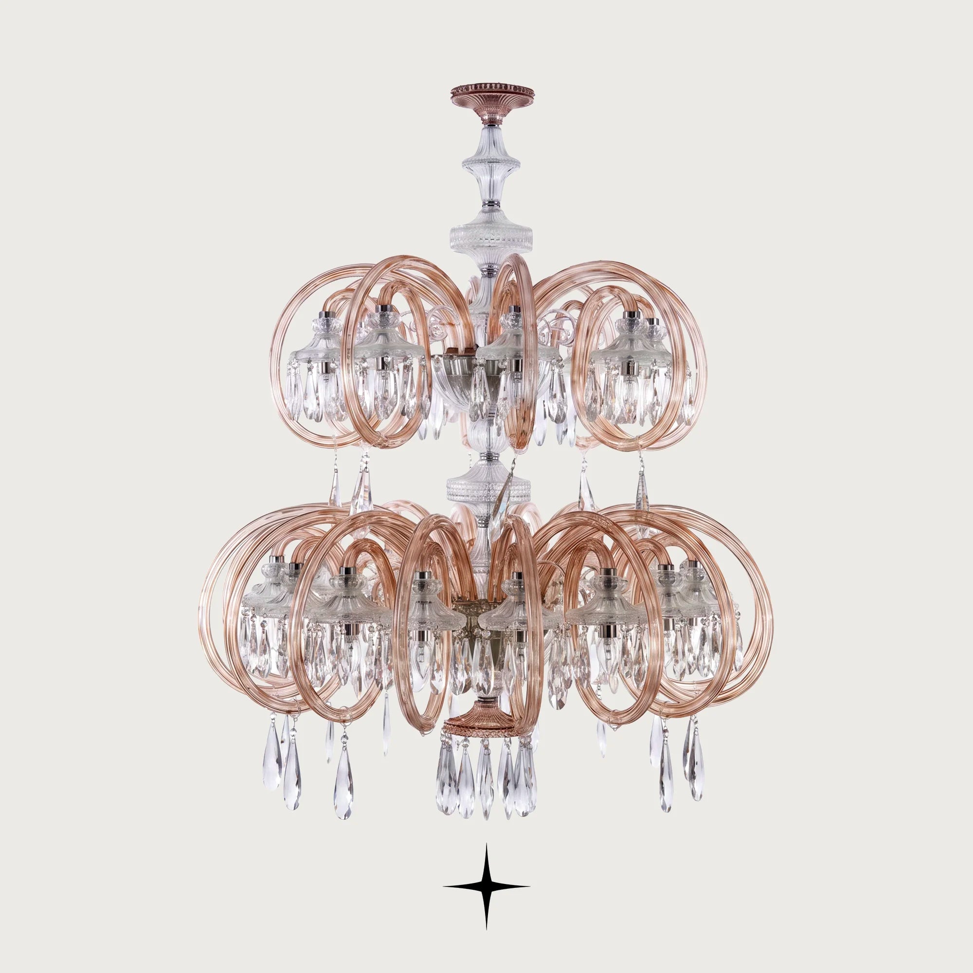 Lavish Elegance multi-tiered circular crystal chandelier with gold rings on light grey background off