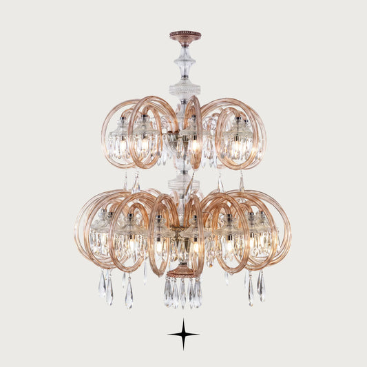 Lavish Elegance multi-tiered circular crystal chandelier with gold rings on light grey background