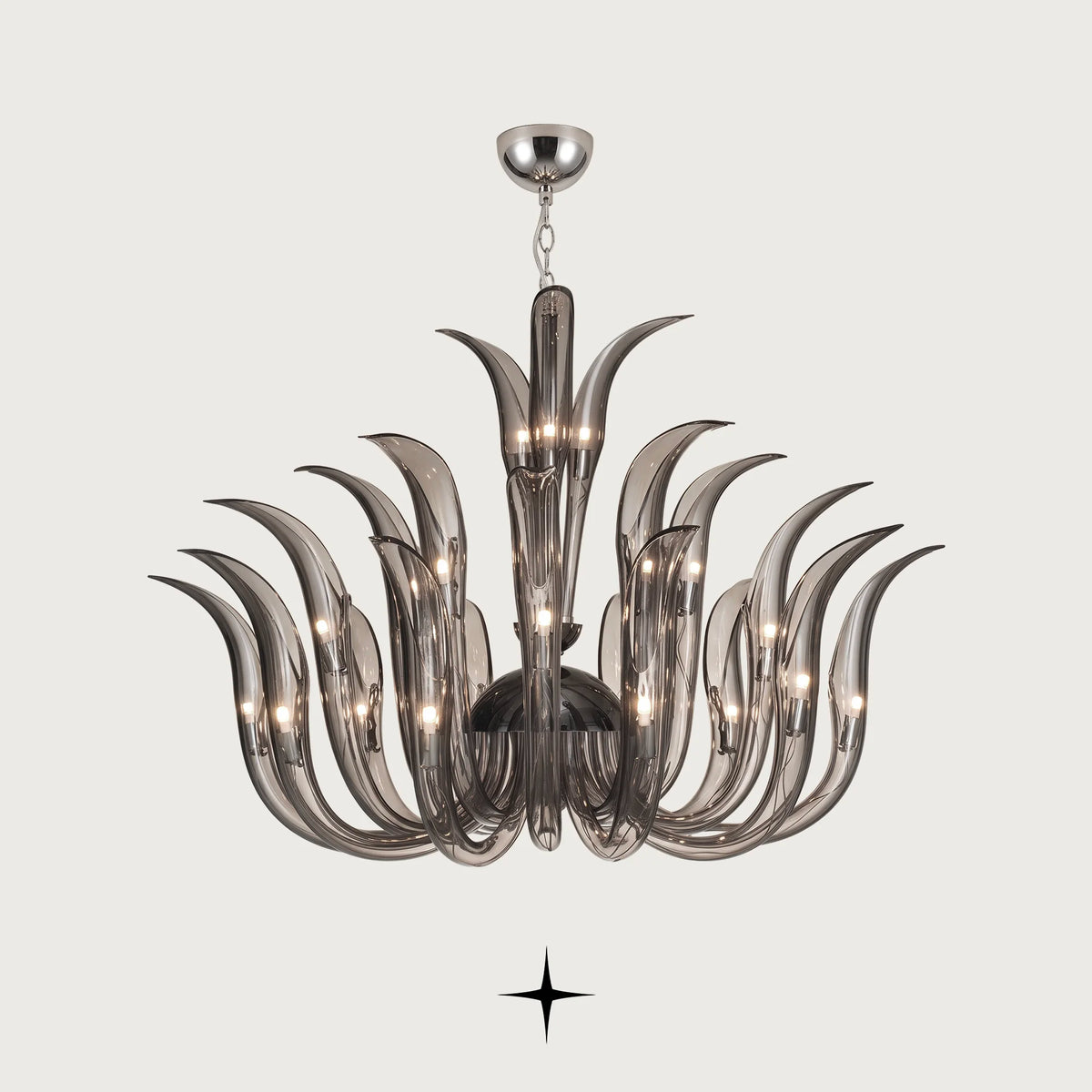 Lavish Finesse Chandelier featuring sweeping smoky crystal blades inspired by organic flame forms
