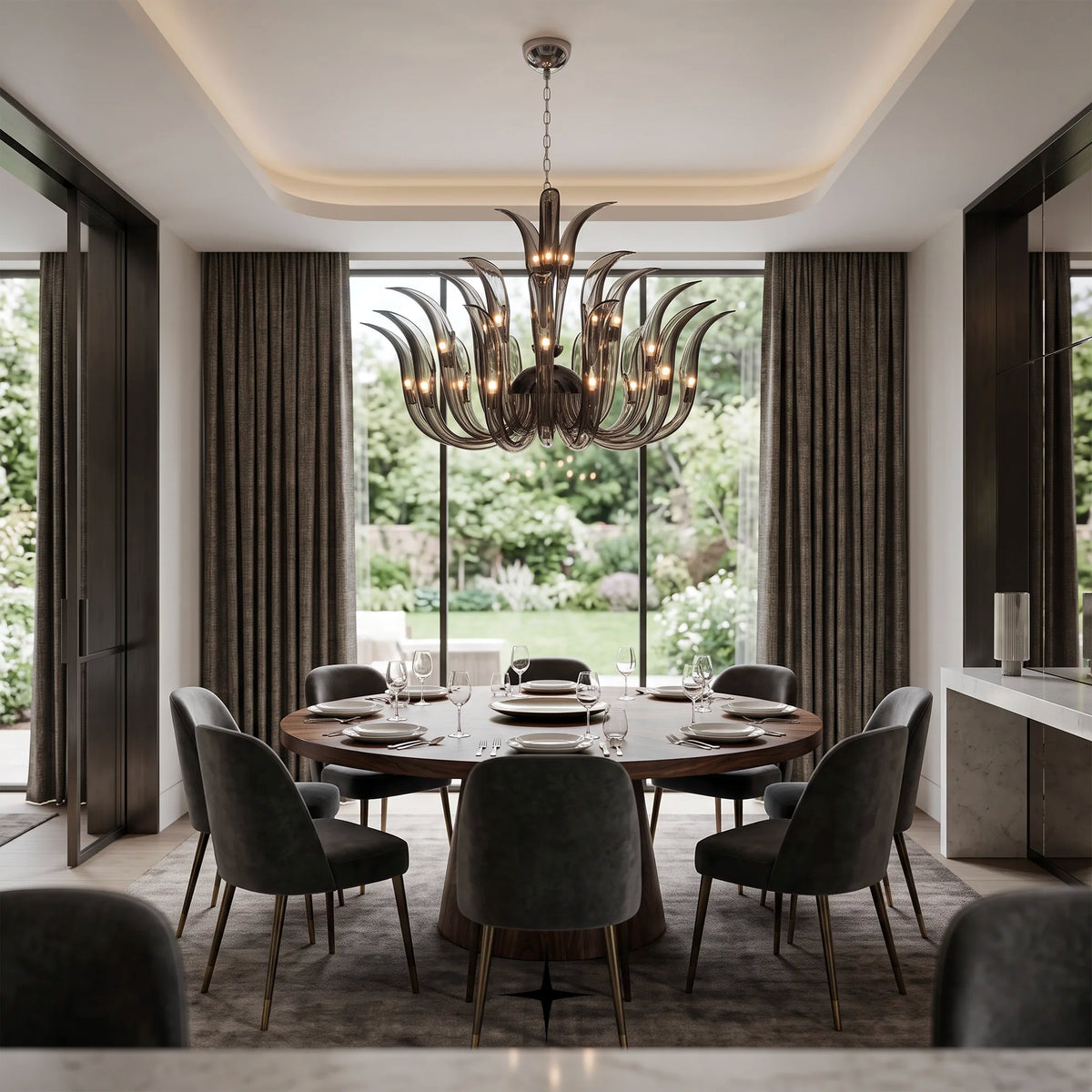 Lavish Finesse Chandelier featuring sweeping smoky crystal blades inspired by organic flame forms
