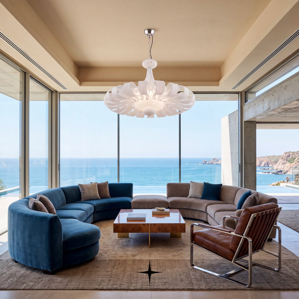 Lavish Georgina Chandelier featuring symmetrical matte white ribboned crystal glass loops in a grand ring design
