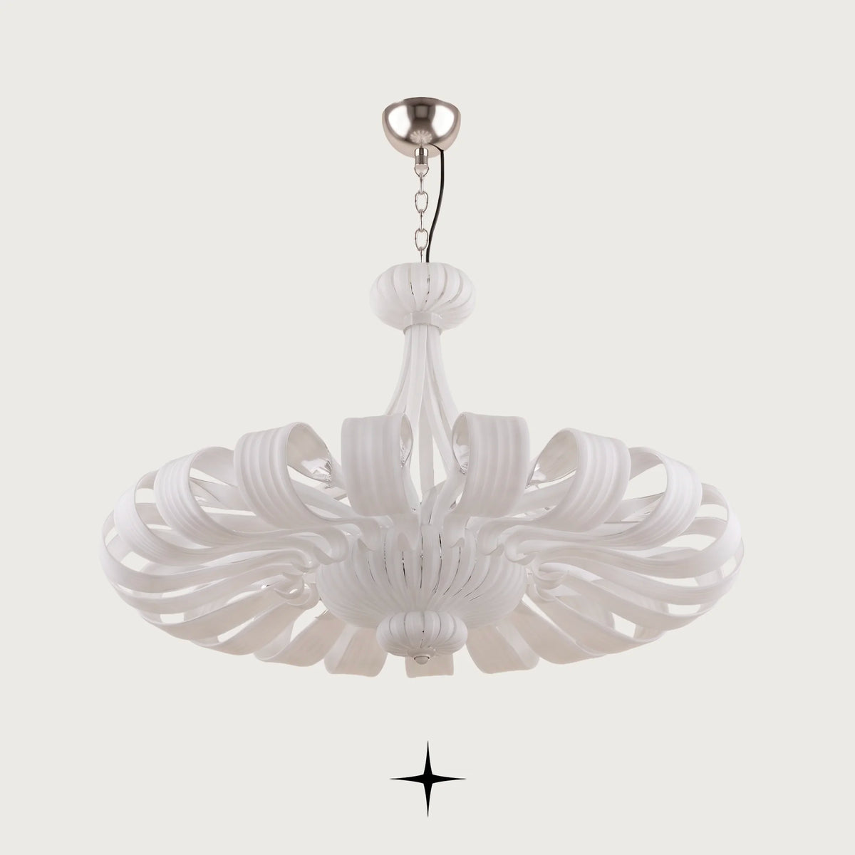 Lavish Georgina Chandelier featuring symmetrical matte white ribboned crystal glass loops in a grand ring design
