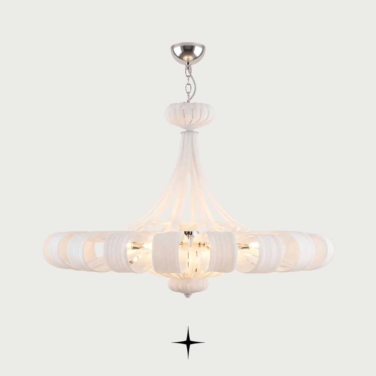 Lavish Georgina Chandelier featuring symmetrical matte white ribboned crystal glass loops in a grand ring design
