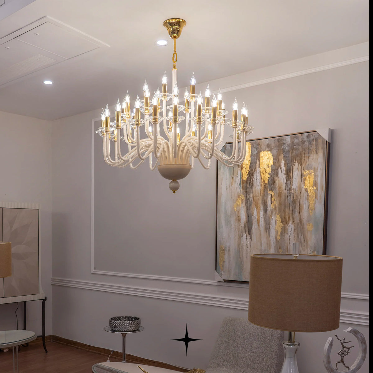 Lavish Harmony Chandelier featuring multi-tiered sweeping white glass arms with candle lights
