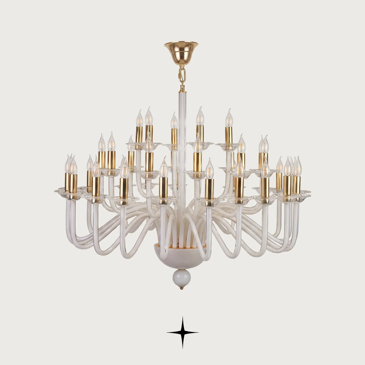 Lavish Harmony Chandelier featuring multi-tiered sweeping white glass arms with candle lights
