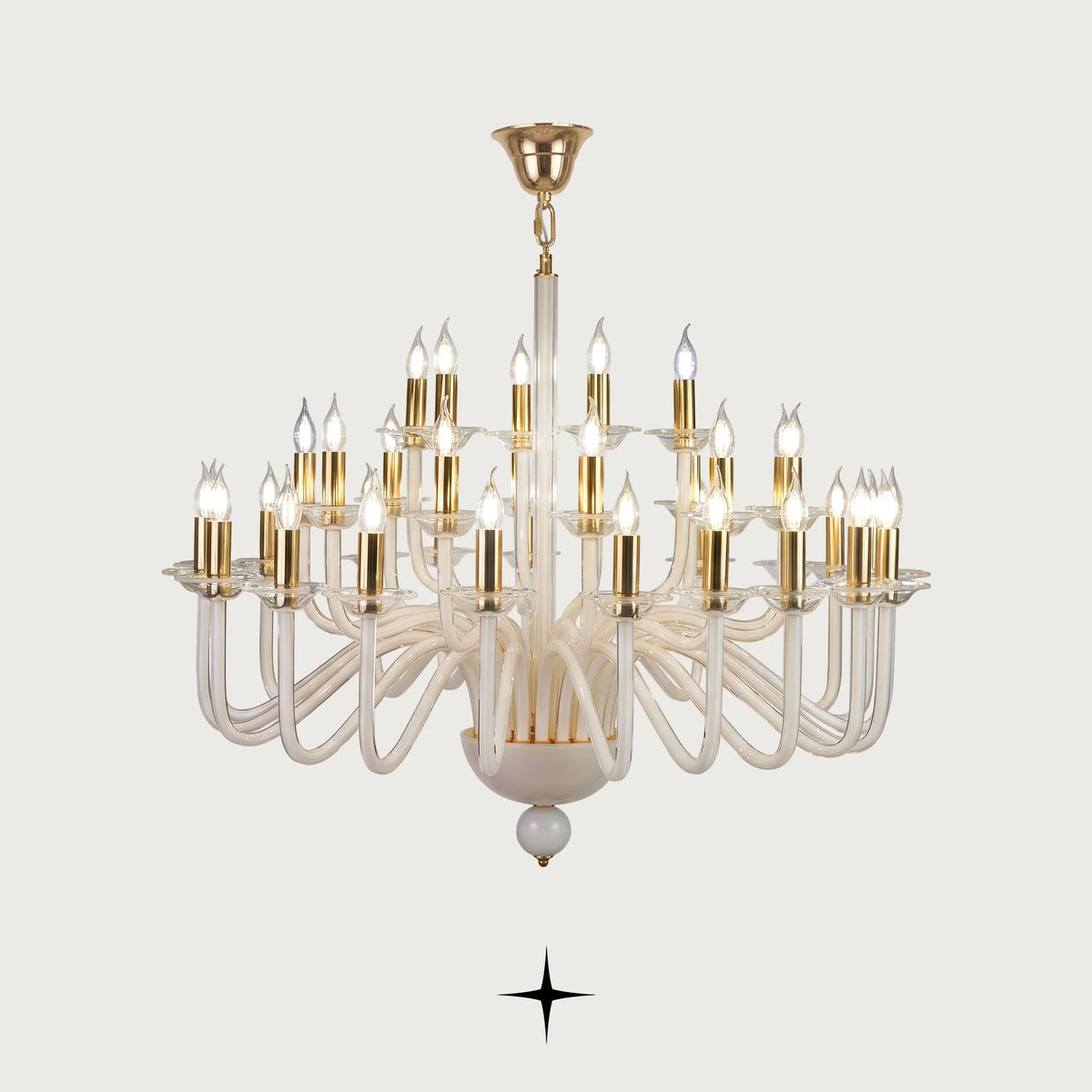 Lavish Harmony Chandelier featuring multi-tiered sweeping white glass arms with candle lights
