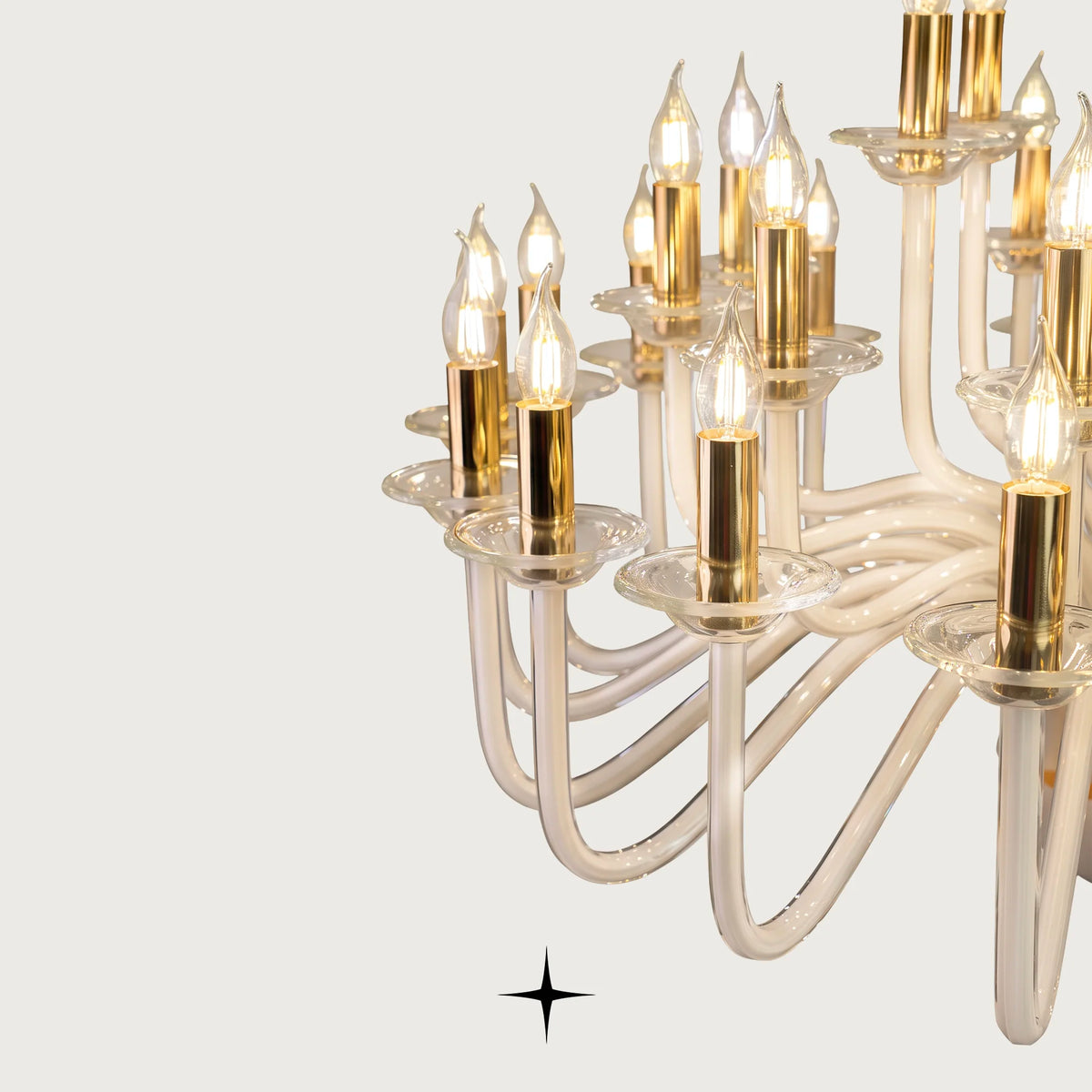 Lavish Harmony Chandelier featuring multi-tiered sweeping white glass arms with candle lights
