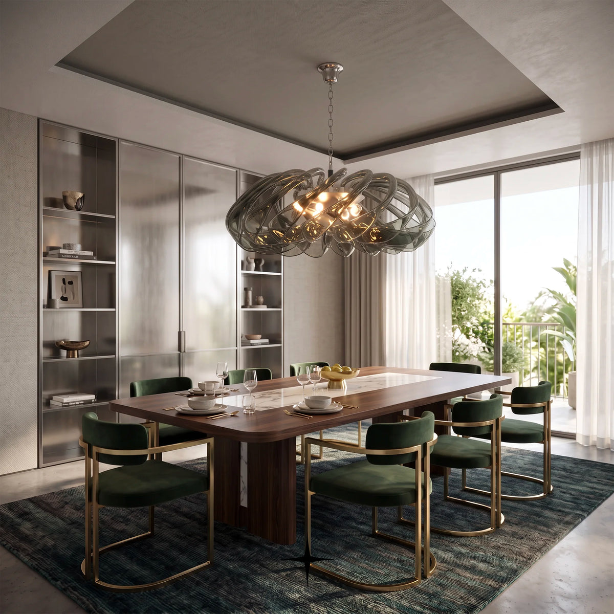 Lavish Lucy Chandelier featuring chic curved crystal elements in smoke green and cream hues
