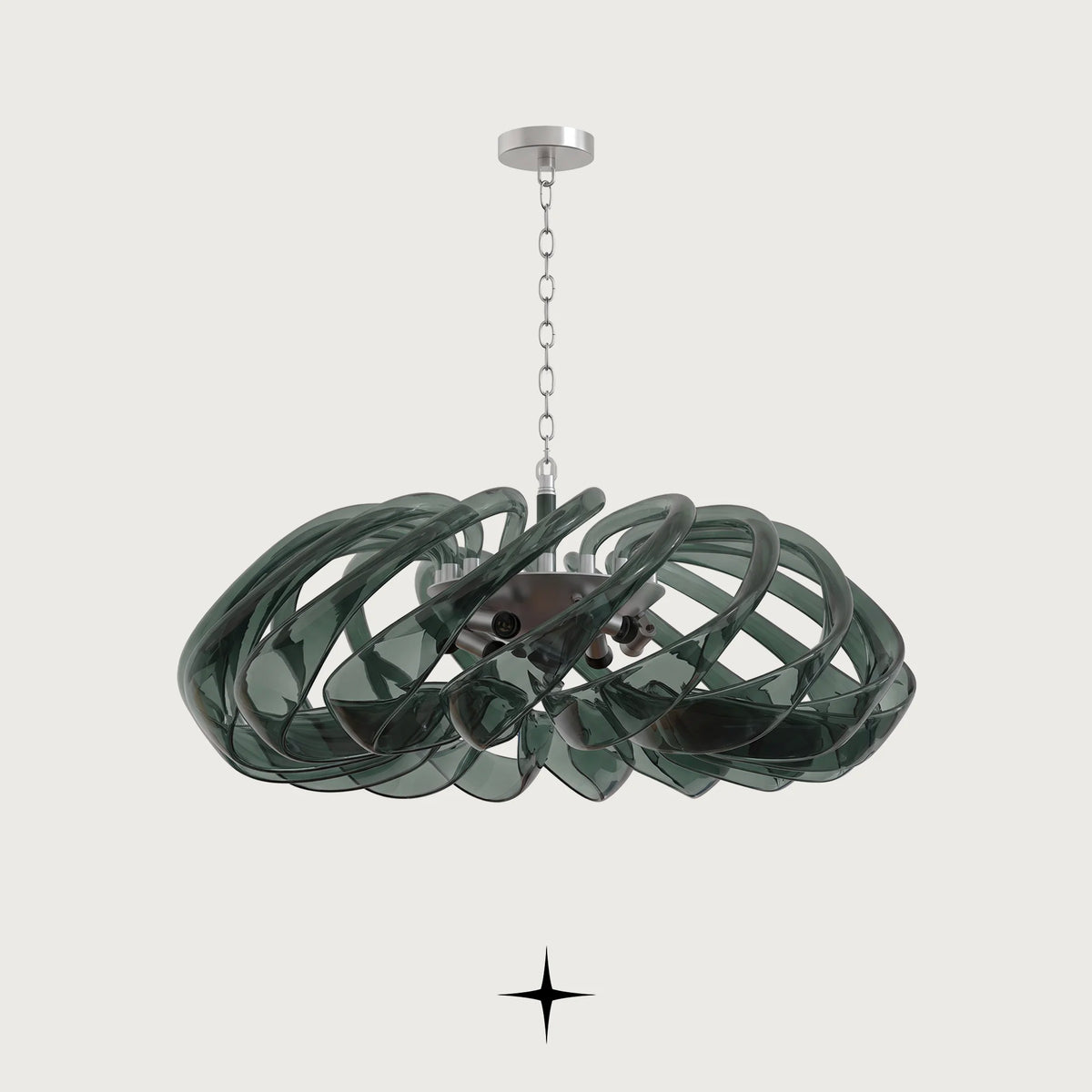 Lavish Lucy Chandelier featuring chic curved crystal elements in smoke green and cream hues
