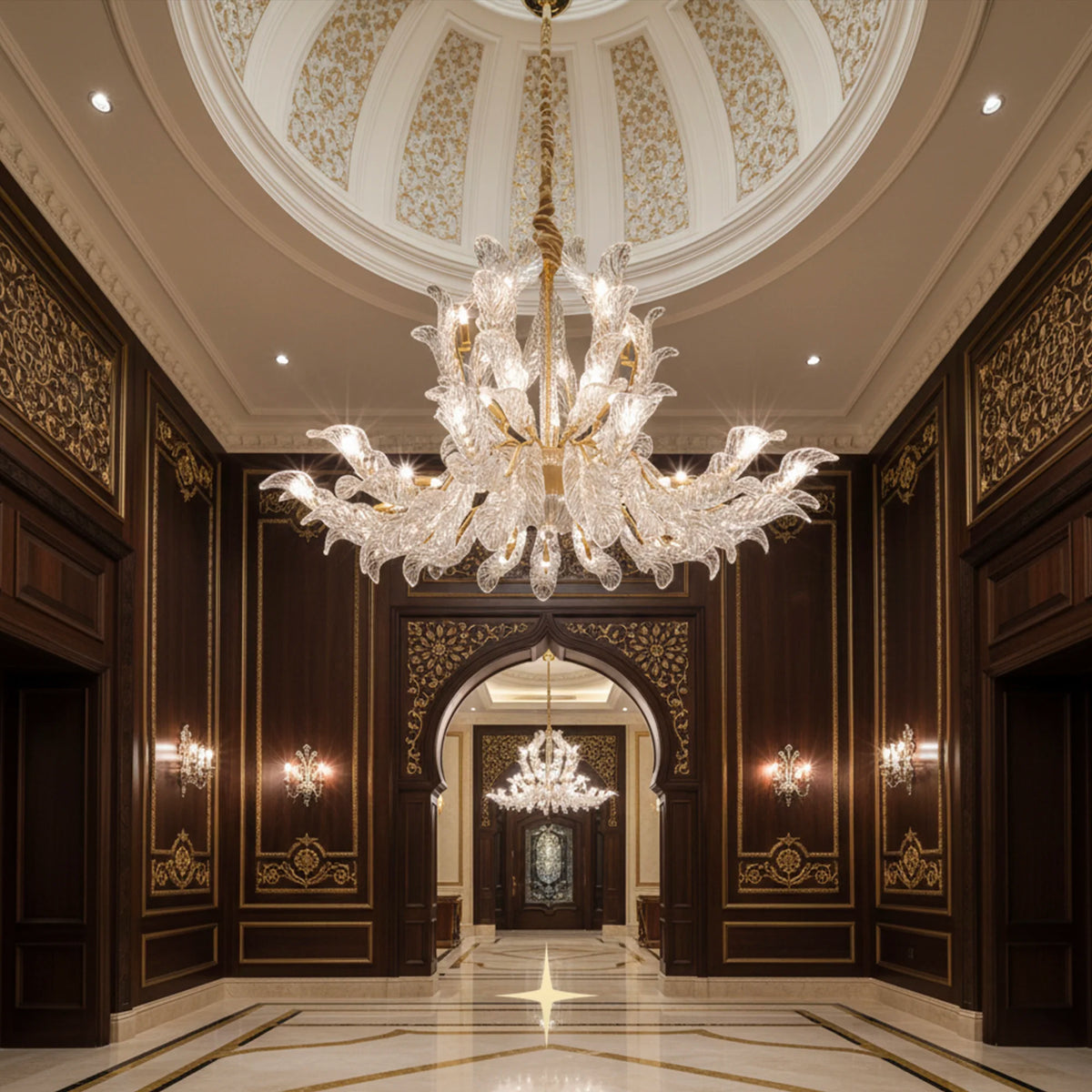 Lavish Madam Murano glass chandelier installed in a high-ceiling dining room