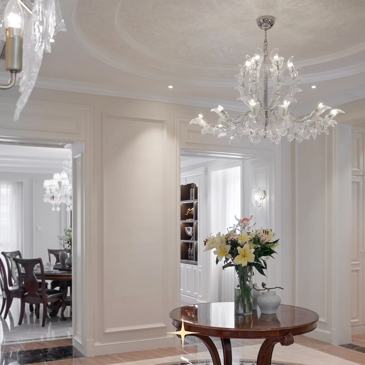 Lavish Madam Murano glass chandelier installed in a high-ceiling dining room