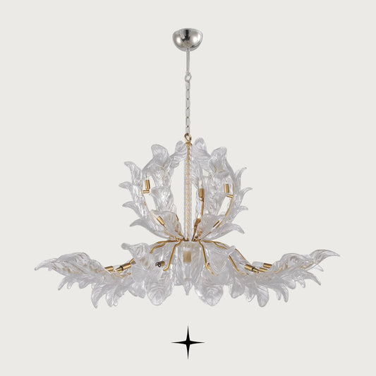 Lavish Madam Murano style glass leaf chandelier with gold frame on grey background off