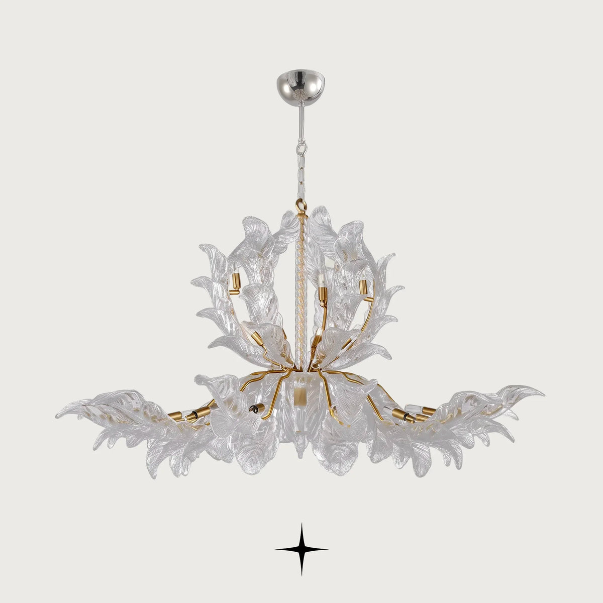 Lavish Madam Chandelier featuring classic Murano-style glass leaves and gold-finished frame in a luxury design
