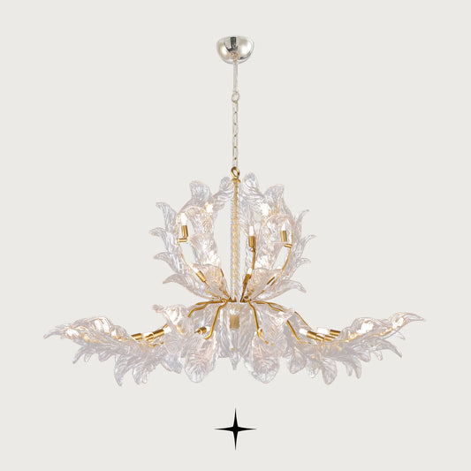 Lavish Madam Murano style glass leaf chandelier with gold frame on black background