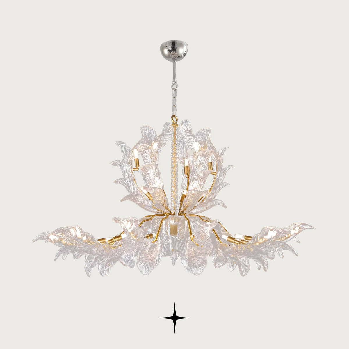 Lavish Madam Chandelier featuring classic Murano-style glass leaves and gold-finished frame in a luxury design
