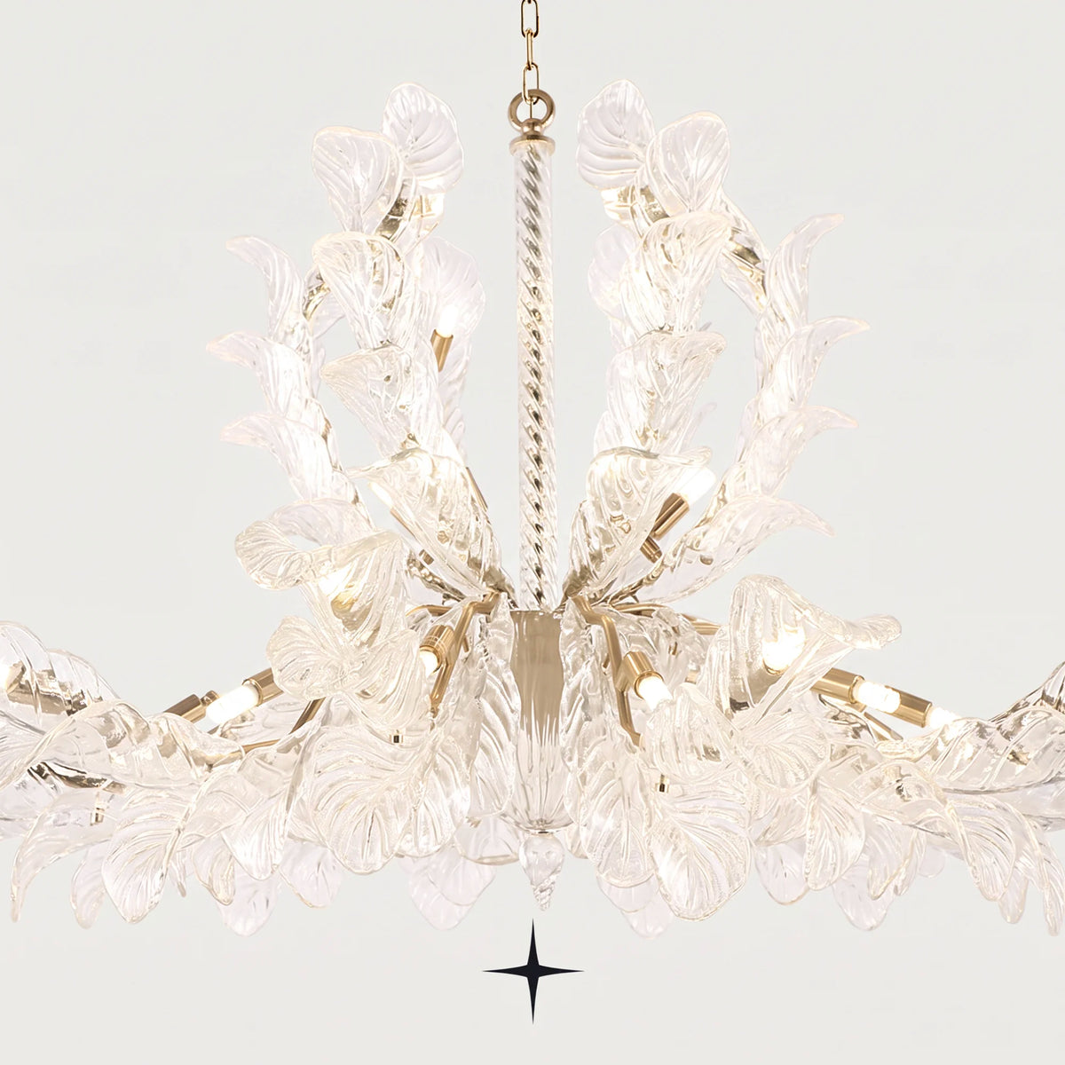 Close-up detail of handcrafted Murano style glass leaves on Lavish Madam chandelier