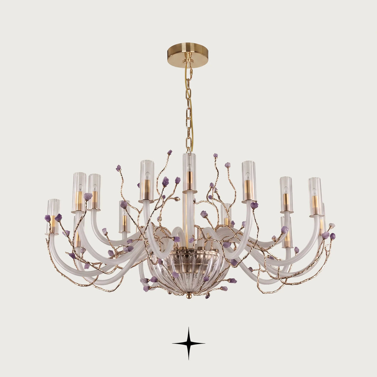 Lavish Madison Chandelier featuring lustrous brass branches, natural purple rock accents, and glowing textured glass diffusers
