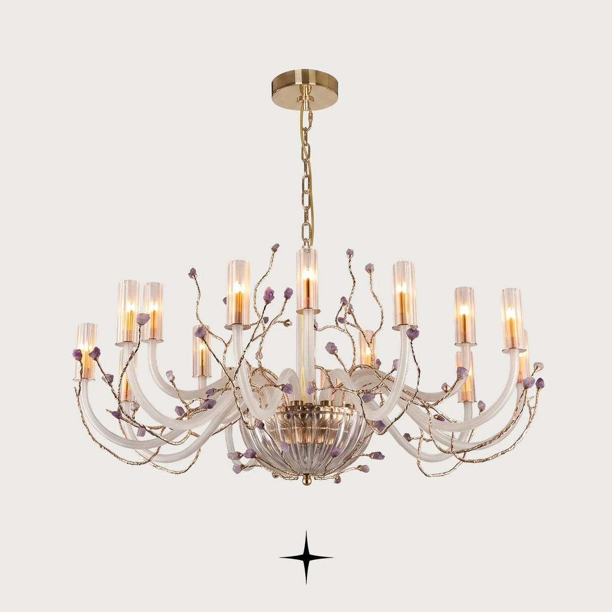 Lavish Madison Chandelier featuring lustrous brass branches, natural purple rock accents, and glowing textured glass diffusers
