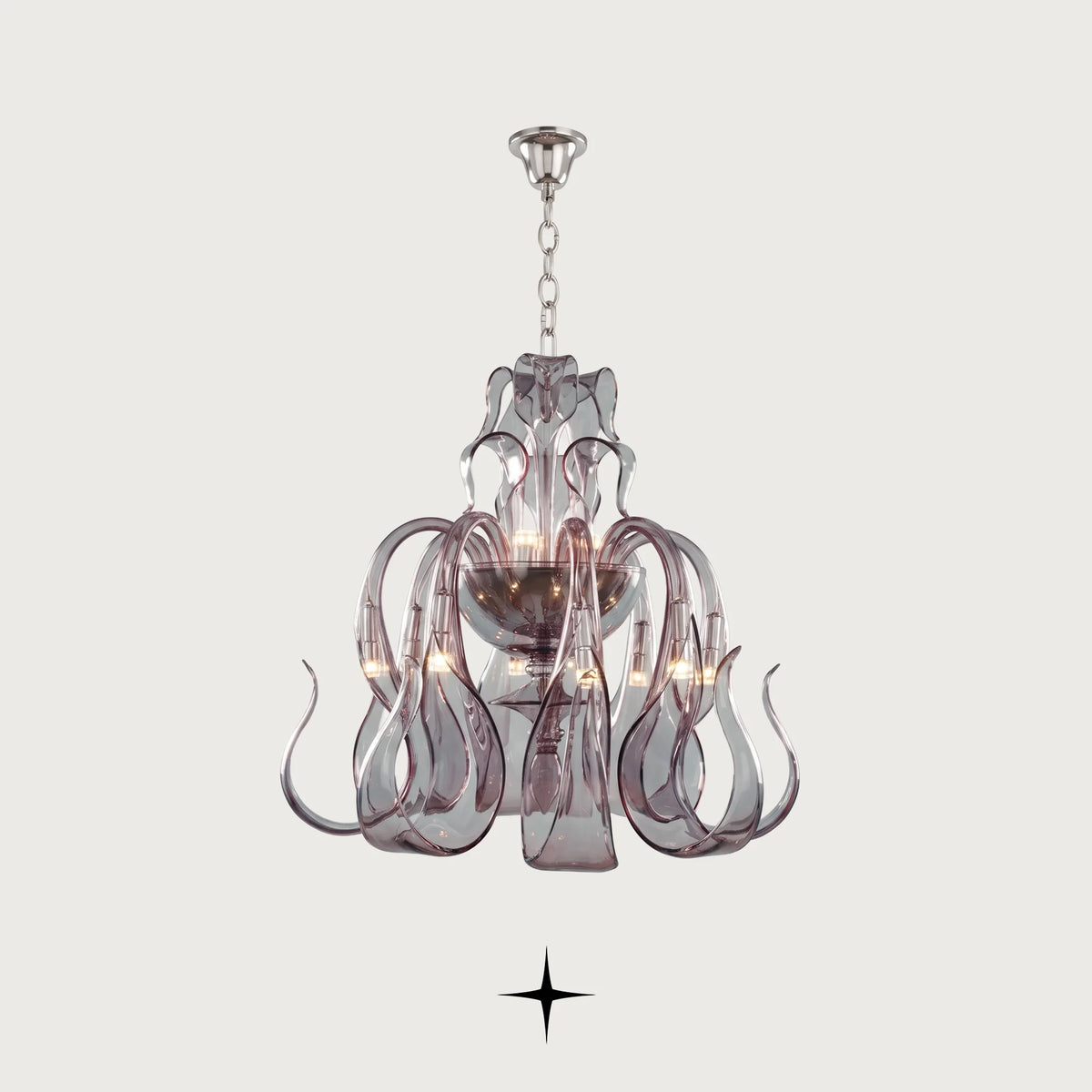 Lavish Matilda Chandelier featuring elongated bohemian crystal arms in vibrant hues across four size variants
