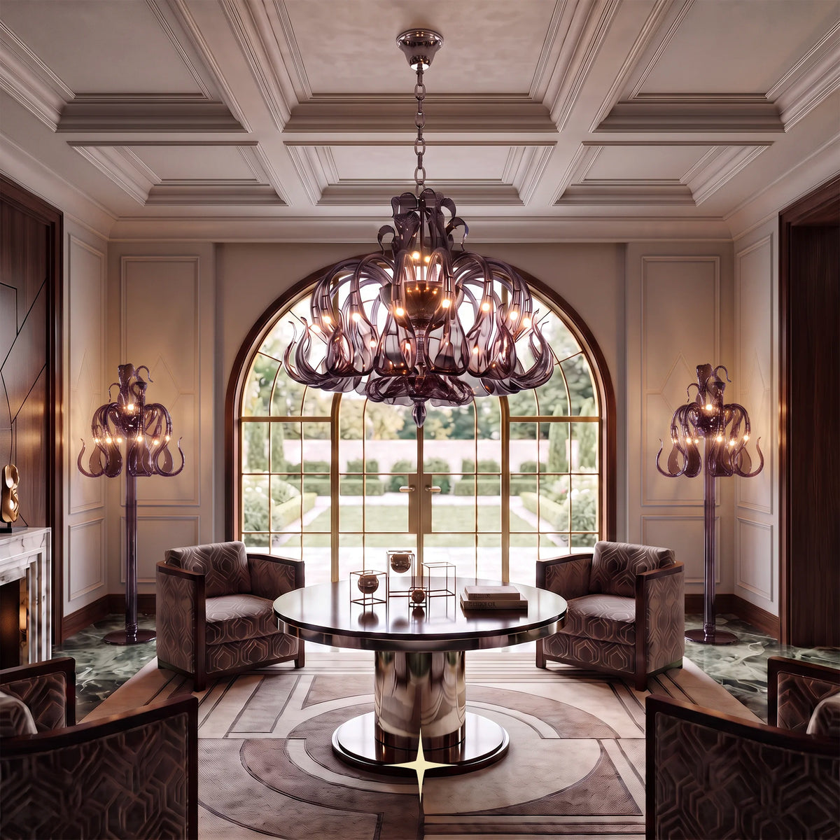 Lavish Matilda Chandelier featuring elongated bohemian crystal arms in vibrant hues across four size variants

