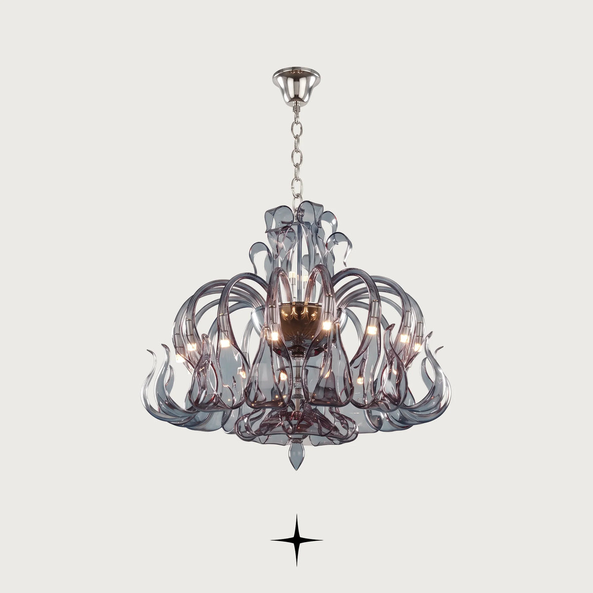 Lavish Matilda Chandelier featuring elongated bohemian crystal arms in vibrant hues across four size variants
